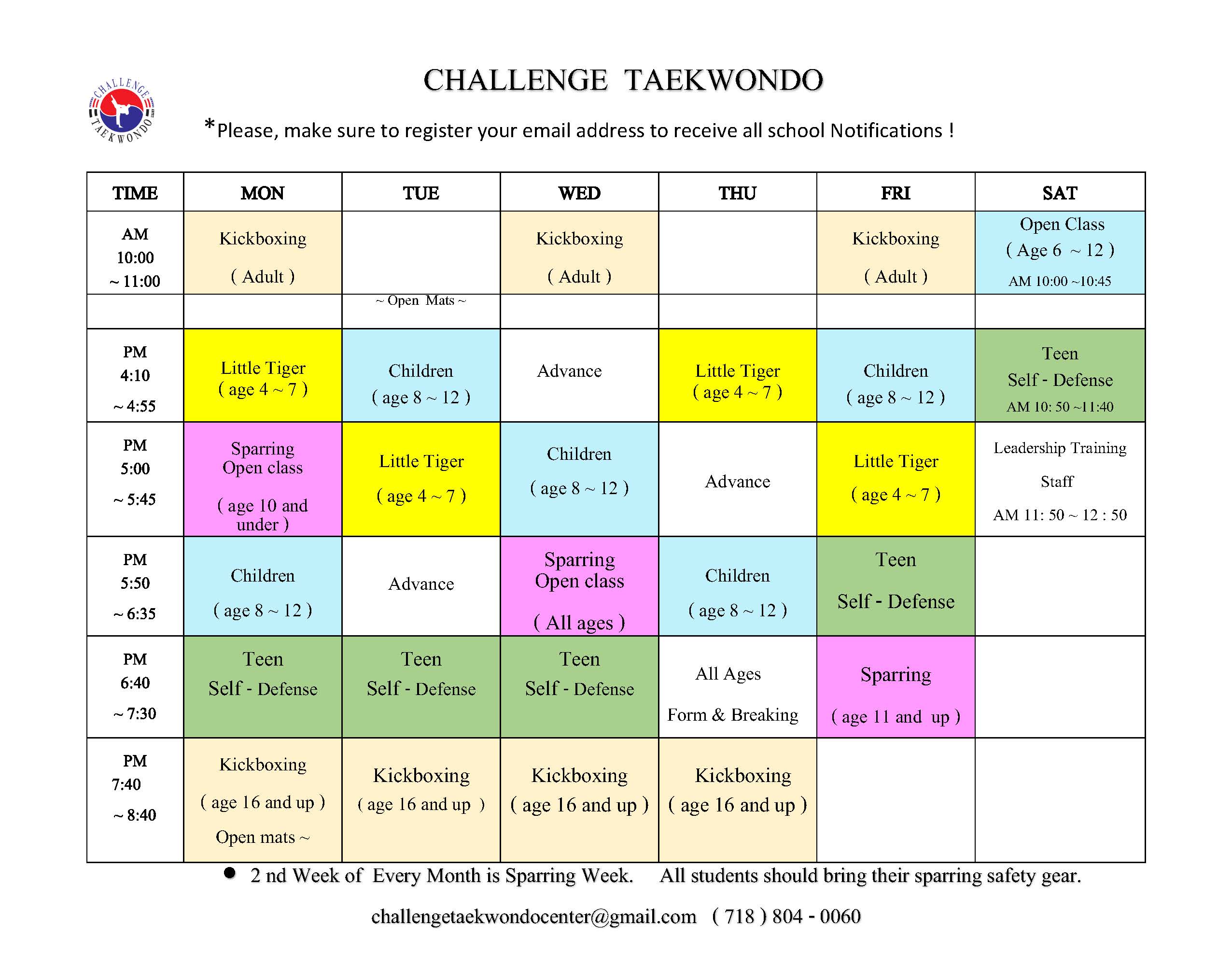 Challenge Taekwondo Center Class Schedule